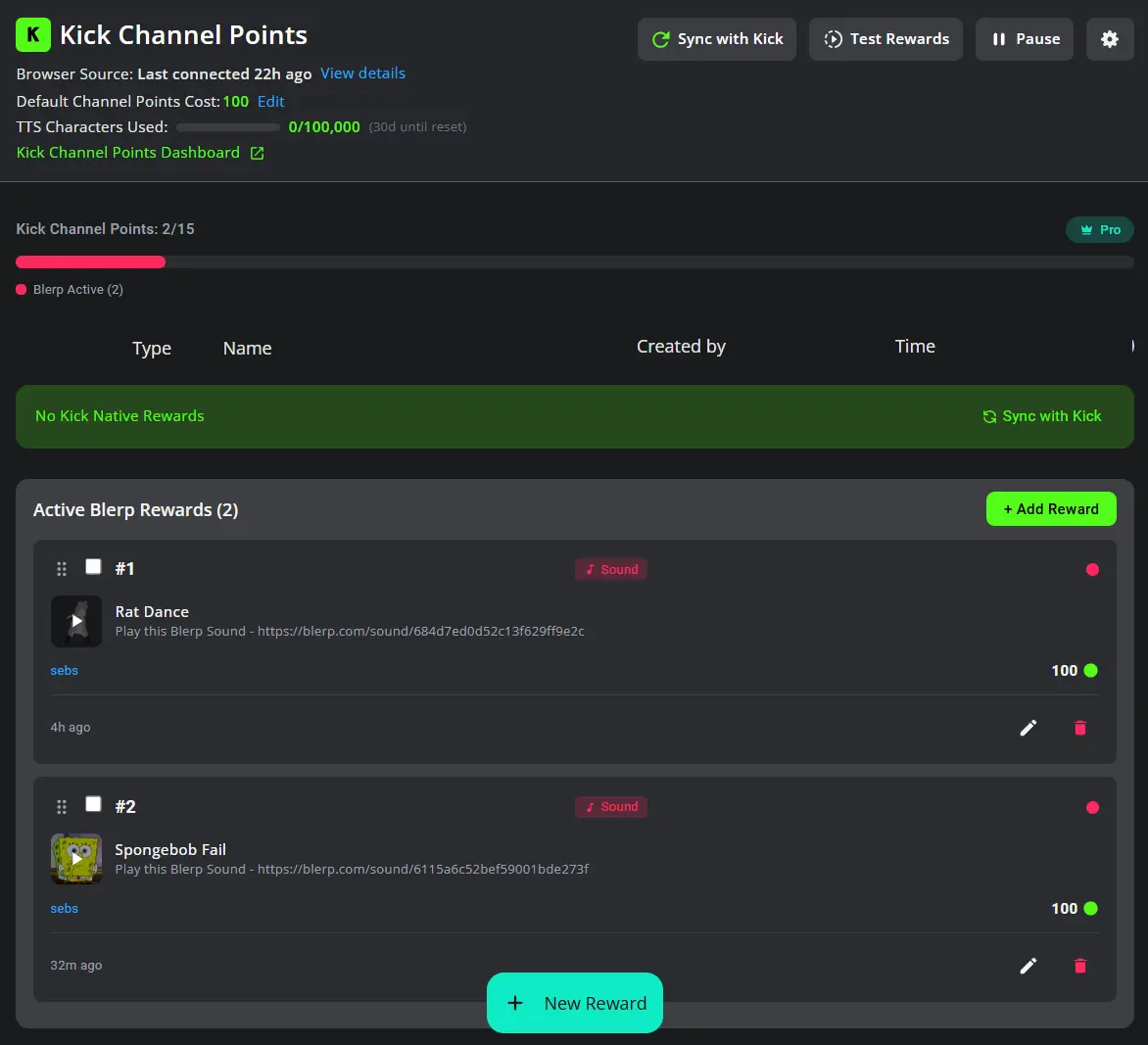 Blerp dashboard showing Kick Channel Points reward setup with sound alerts and TTS options